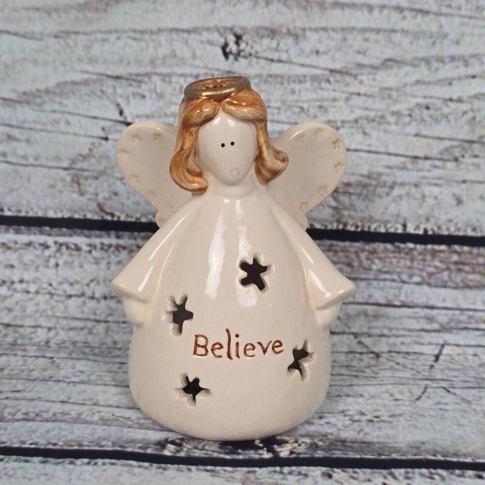 Ceramic Angel Tealight Candle Holder Believe Decor